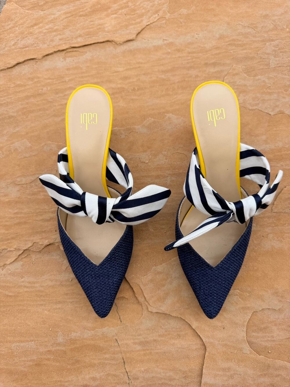 cabi Women’s Mule Kitten Heel Pointed Toe Slip-On Striped Bow Fabric US 7.5
